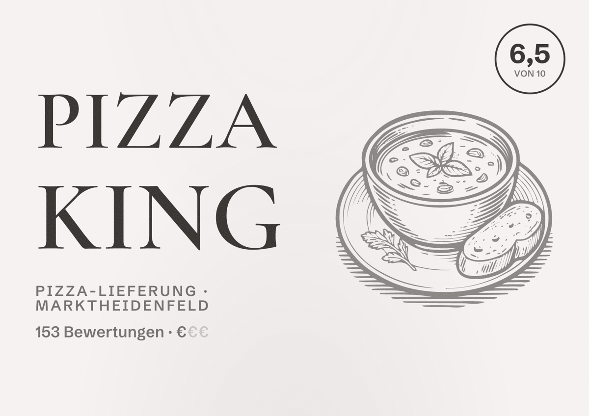 Illustriertes Poster von Pizza King, Pizza-Lieferung in Marktheidenfeld: Bewertung 6,5 von 10 aus 153 Bewertungen, Preisniveau €