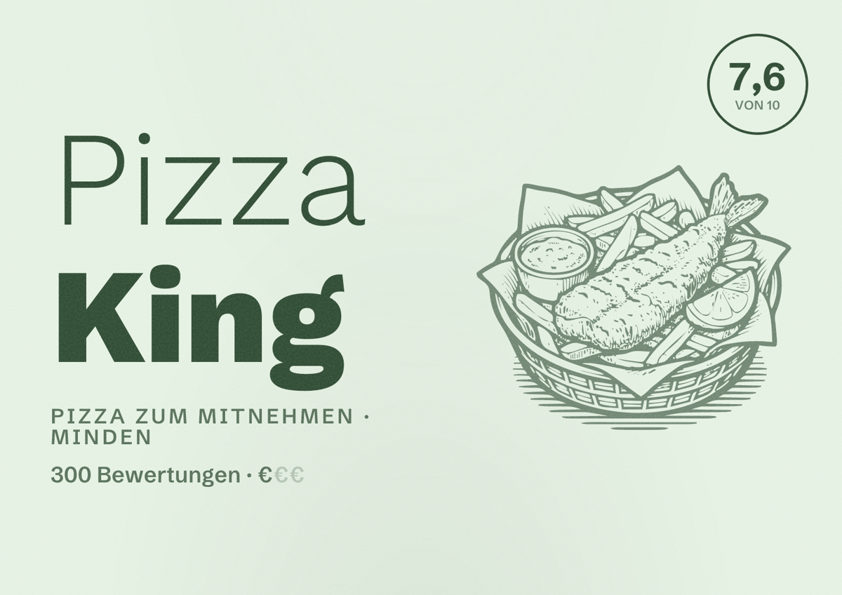Illustriertes Poster von Pizza King, Pizza zum Mitnehmen in Minden: Bewertung 7,6 von 10 aus 300 Bewertungen, Preisniveau €