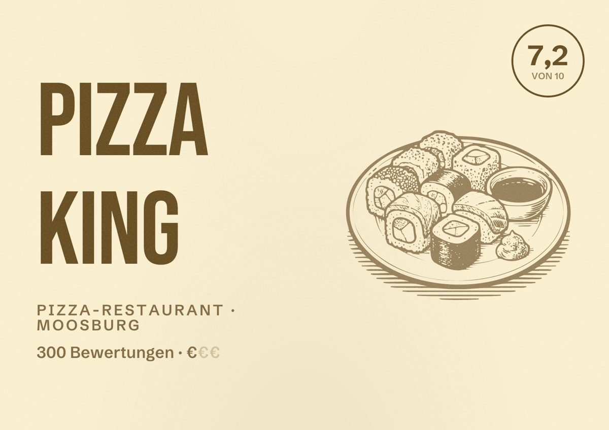 Illustriertes Poster von Pizza King, Pizza-Restaurant in Moosburg: Bewertung 7,2 von 10 aus 300 Bewertungen, Preisniveau €