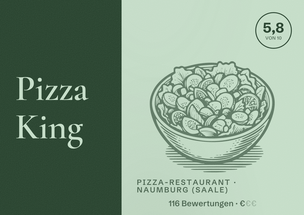 Illustriertes Poster von Pizza King, Pizza-Restaurant in Naumburg (Saale): Bewertung 5,8 von 10 aus 116 Bewertungen, Preisniveau €