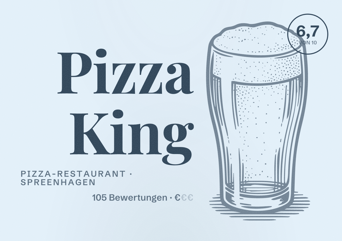 Illustriertes Poster von Pizza King, Pizza-Restaurant in Spreenhagen: Bewertung 6,7 von 10 aus 105 Bewertungen, Preisniveau €