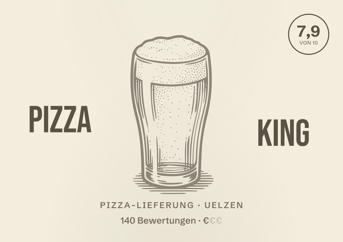 Illustriertes Poster von Pizza King, Pizza-Lieferung in Uelzen: Bewertung 7,9 von 10 aus 140 Bewertungen, Preisniveau €