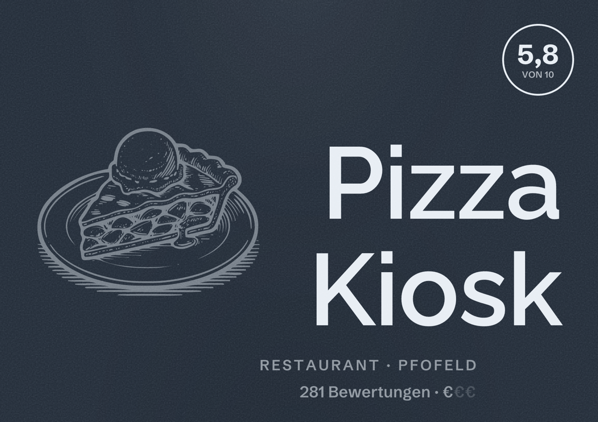 Illustriertes Poster von Pizza Kiosk, Restaurant in Pfofeld: Bewertung 5,8 von 10 aus 281 Bewertungen, Preisniveau €
