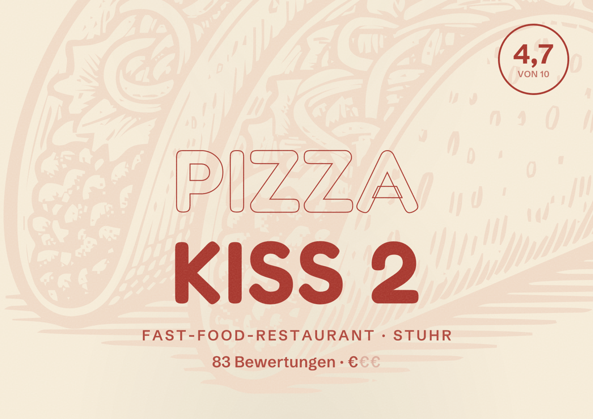 Illustriertes Poster von Pizza Kiss 2, Fast-Food-Restaurant in Stuhr: Bewertung 4,7 von 10 aus 83 Bewertungen, Preisniveau €