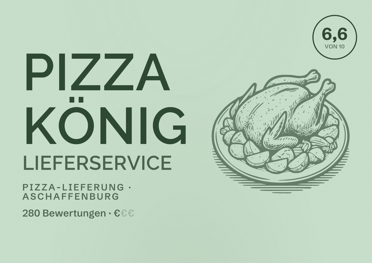 Illustriertes Poster von Pizza König Lieferservice, Pizza-Lieferung in Aschaffenburg: Bewertung 6,6 von 10 aus 280 Bewertungen, Preisniveau €