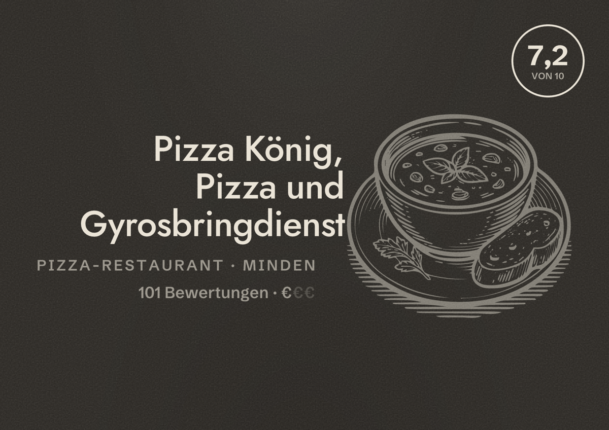 Illustriertes Poster von Pizza König, Pizza und Gyrosbringdienst, Pizza-Restaurant in Minden: Bewertung 7,2 von 10 aus 101 Bewertungen, Preisniveau €
