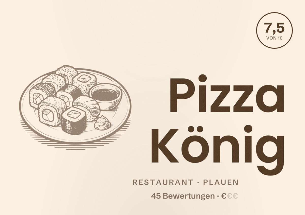 Illustriertes Poster von Pizza König, Restaurant in Plauen: Bewertung 7,5 von 10 aus 45 Bewertungen, Preisniveau €