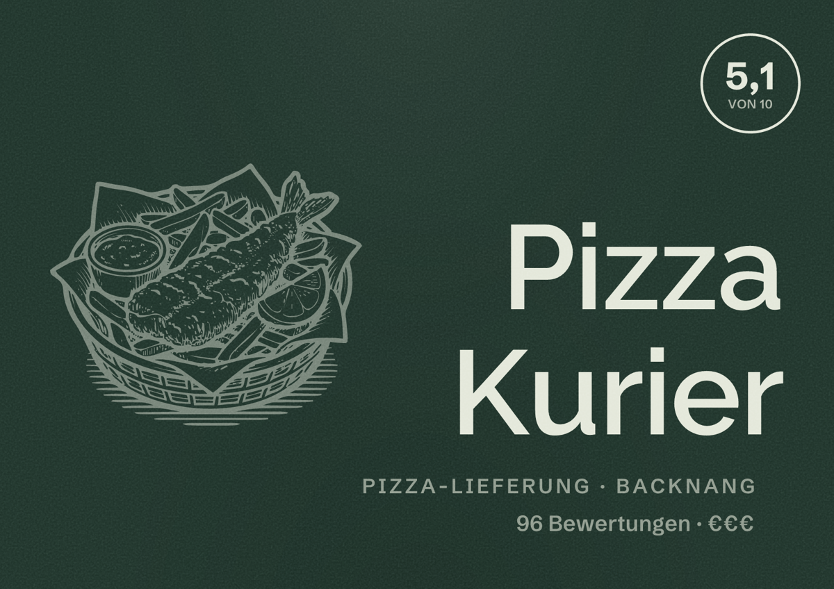 Illustriertes Poster von Pizza Kurier, Pizza-Lieferung in Backnang: Bewertung 5,1 von 10 aus 96 Bewertungen, Preisniveau €€€