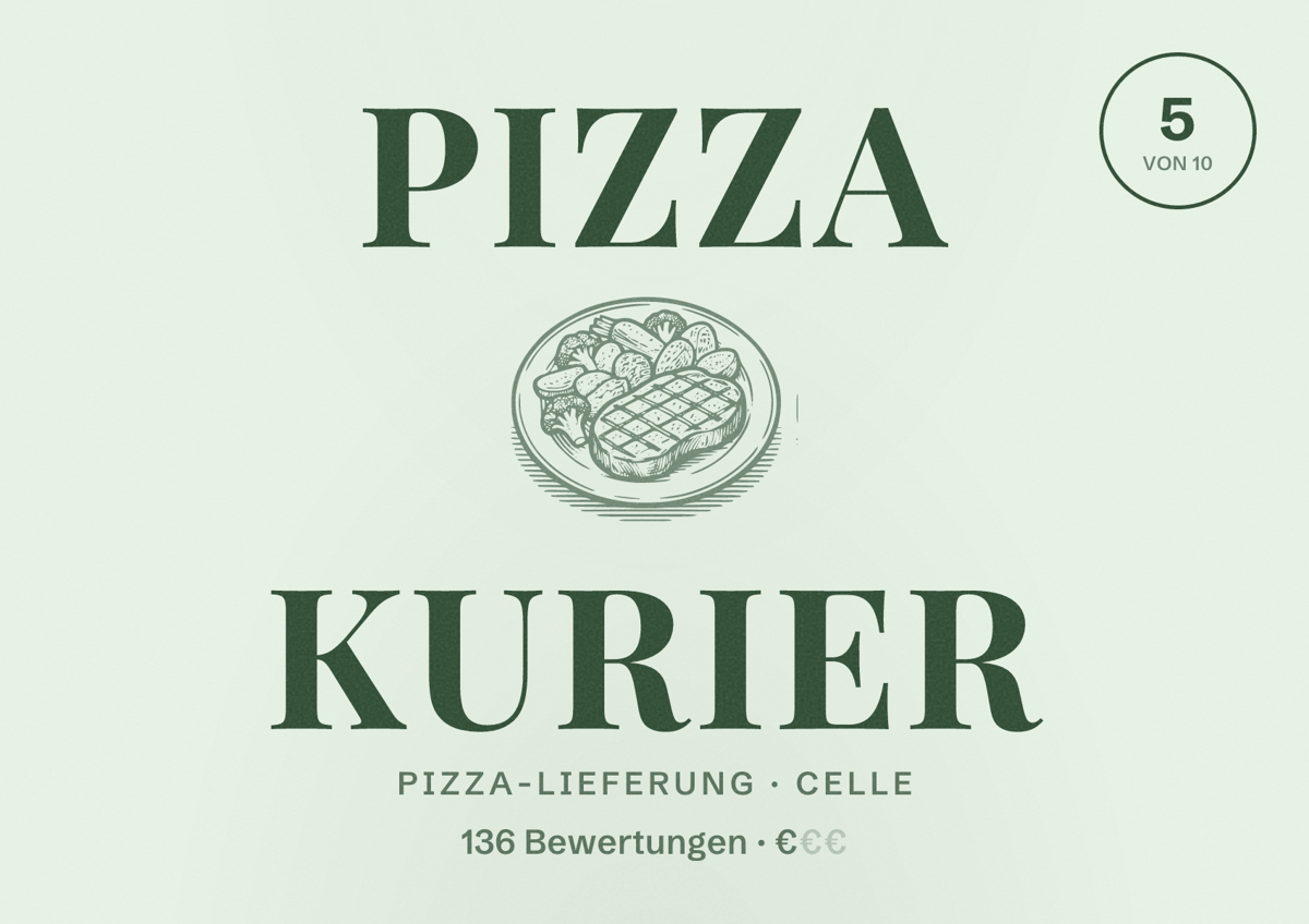 Illustriertes Poster von Pizza Kurier, Pizza-Lieferung in Celle: Bewertung 5 von 10 aus 136 Bewertungen, Preisniveau €