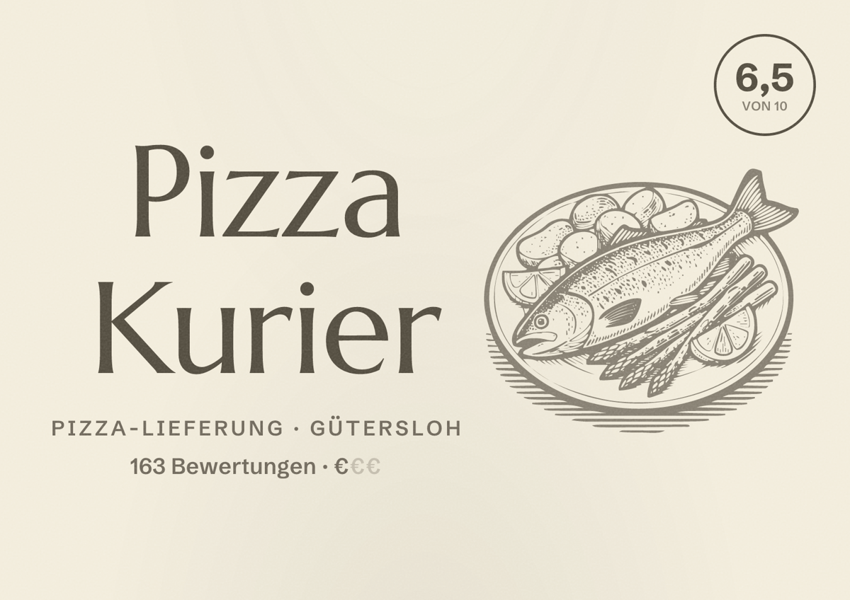 Illustriertes Poster von Pizza Kurier, Pizza-Lieferung in Gütersloh: Bewertung 6,5 von 10 aus 163 Bewertungen, Preisniveau €