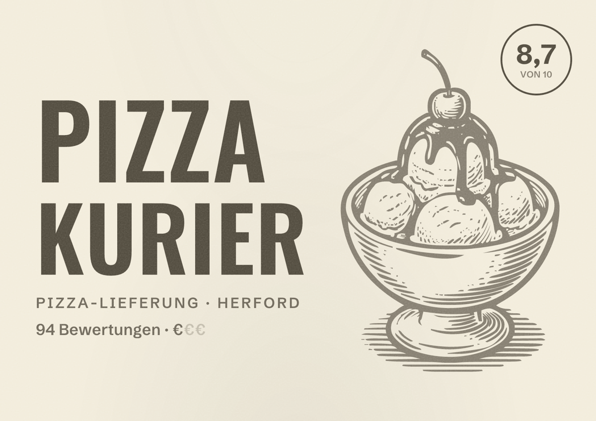 Illustriertes Poster von Pizza Kurier, Pizza-Lieferung in Herford: Bewertung 8,7 von 10 aus 94 Bewertungen, Preisniveau €