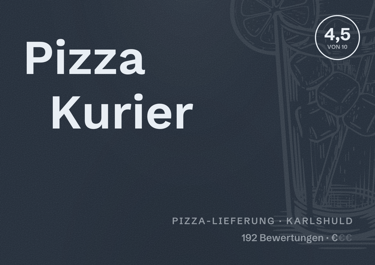 Illustriertes Poster von Pizza Kurier, Pizza-Lieferung in Karlshuld: Bewertung 4,5 von 10 aus 192 Bewertungen, Preisniveau €