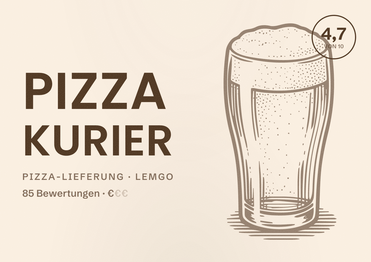 Illustriertes Poster von Pizza Kurier, Pizza-Lieferung in Lemgo: Bewertung 4,7 von 10 aus 85 Bewertungen, Preisniveau €