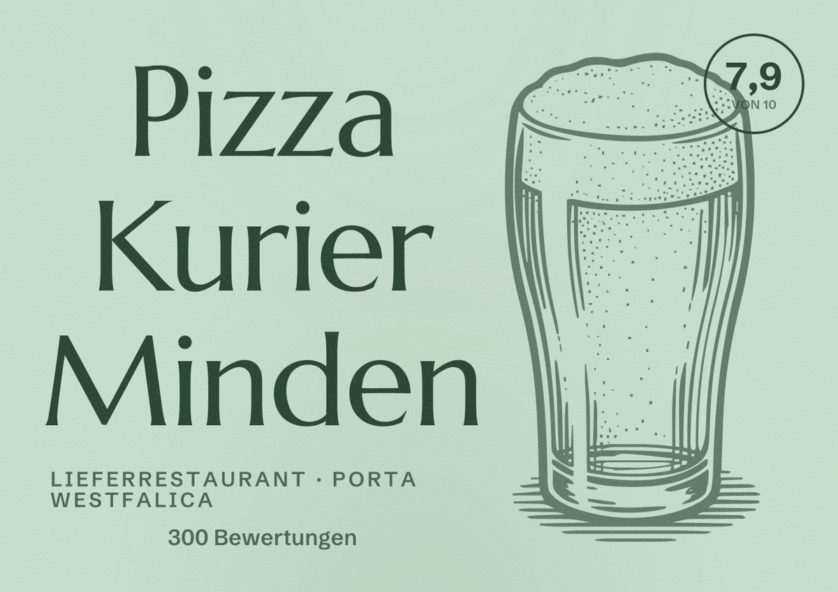 Illustriertes Poster von Pizza Kurier Minden, Lieferrestaurant in Porta Westfalica: Bewertung 7,9 von 10 aus 300 Bewertungen