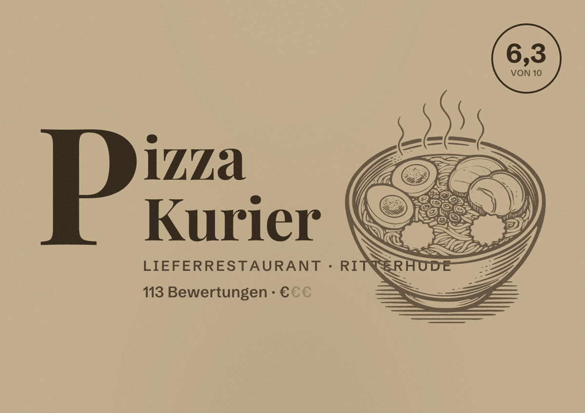 Illustriertes Poster von Pizza Kurier, Lieferrestaurant in Ritterhude: Bewertung 6,3 von 10 aus 113 Bewertungen, Preisniveau €