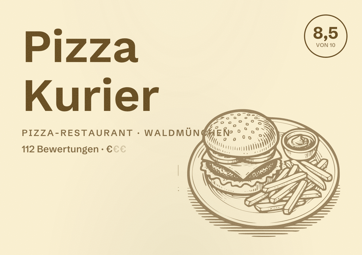 Illustriertes Poster von Pizza Kurier, Pizza-Restaurant in Waldmünchen: Bewertung 8,5 von 10 aus 112 Bewertungen, Preisniveau €