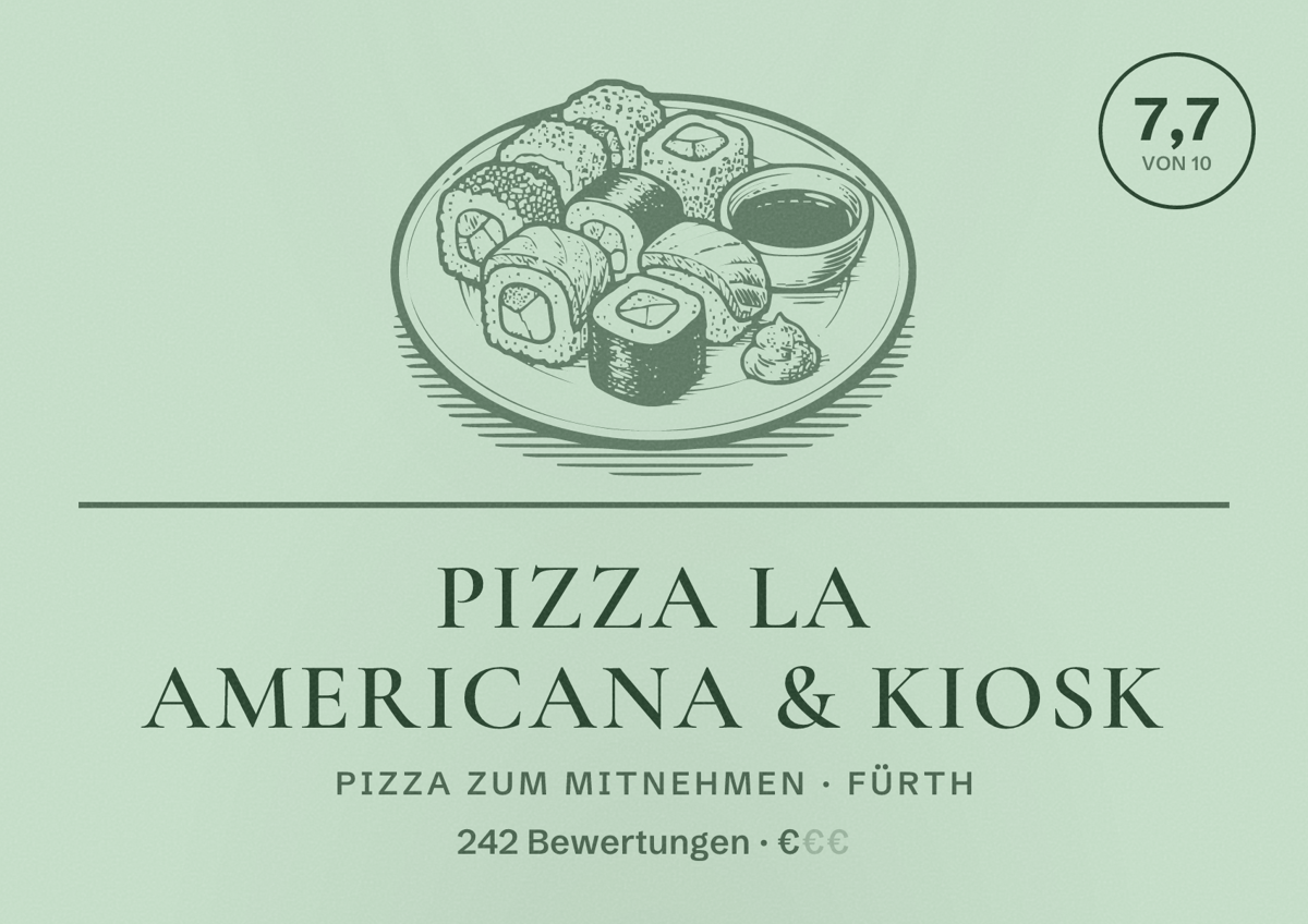 Illustriertes Poster von Pizza La Americana & Kiosk, Pizza zum Mitnehmen in Fürth: Bewertung 7,7 von 10 aus 242 Bewertungen, Preisniveau €