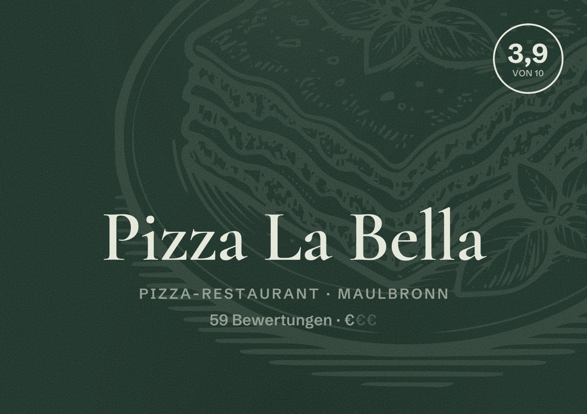 Illustriertes Poster von Pizza La Bella, Pizza-Restaurant in Maulbronn: Bewertung 3,9 von 10 aus 59 Bewertungen, Preisniveau €