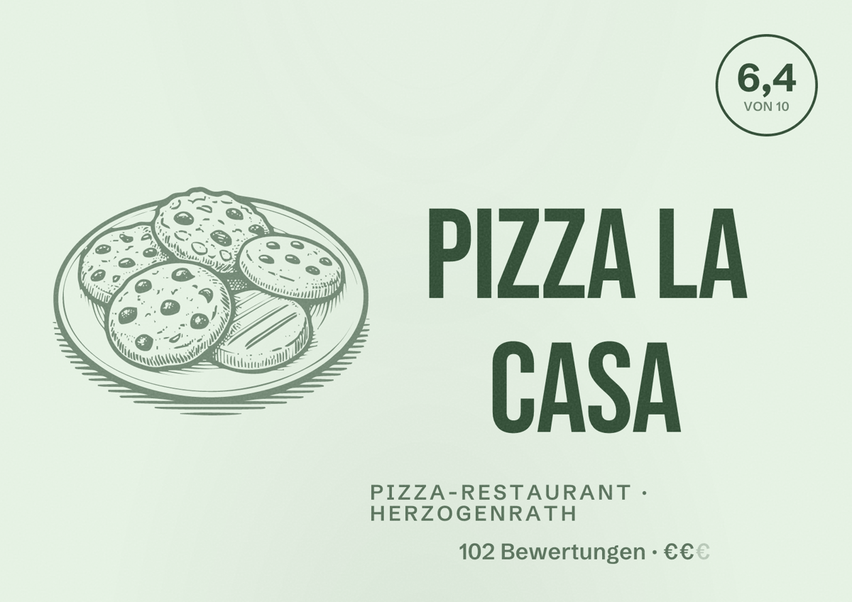Illustriertes Poster von Pizza La Casa, Pizza-Restaurant in Herzogenrath: Bewertung 6,4 von 10 aus 102 Bewertungen, Preisniveau €€