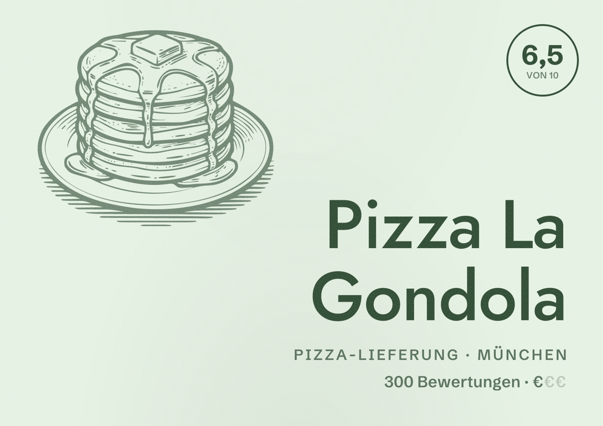 Illustriertes Poster von Pizza La Gondola, Pizza-Lieferung in München: Bewertung 6,5 von 10 aus 300 Bewertungen, Preisniveau €