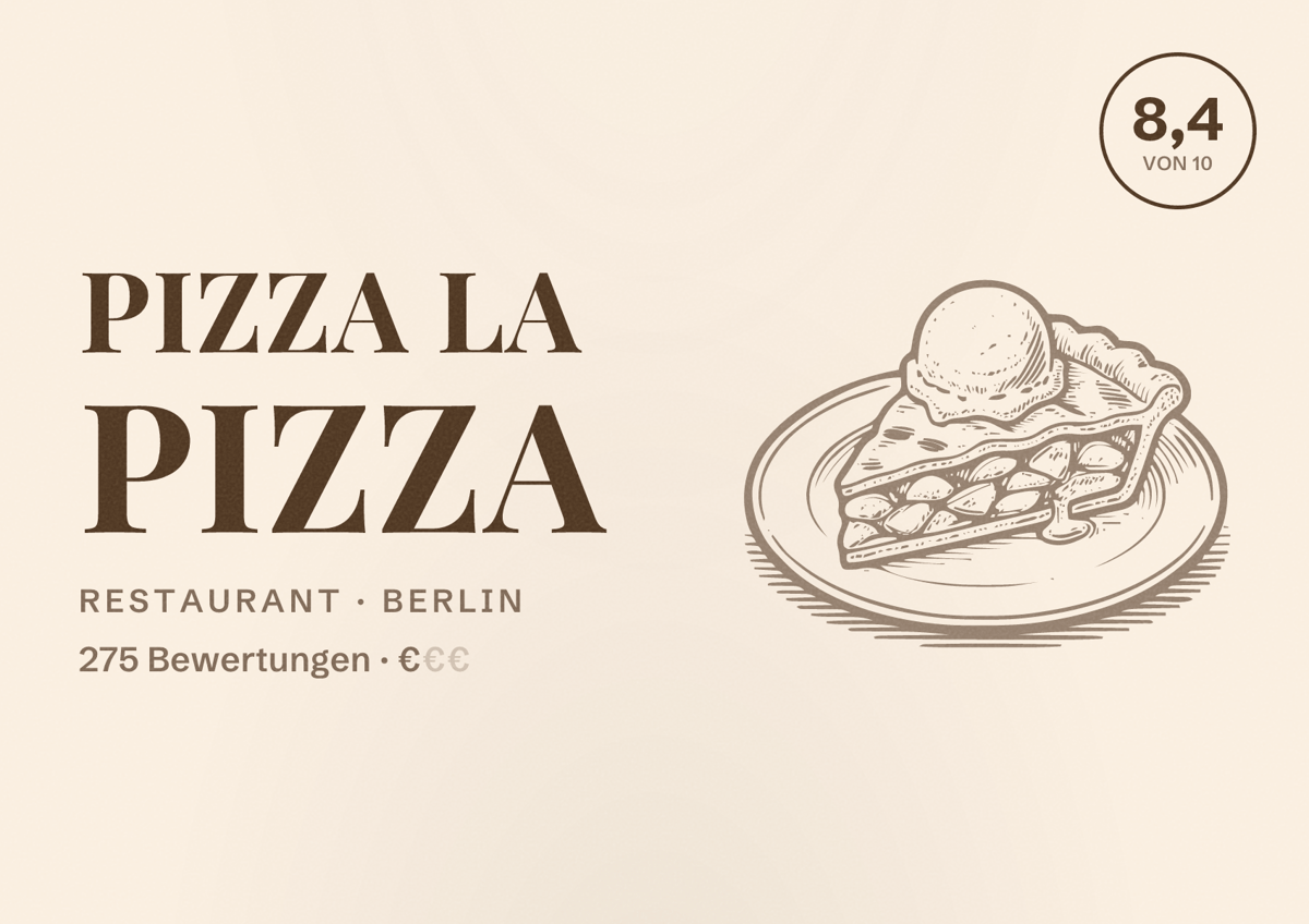Illustriertes Poster von Pizza La Pizza, Restaurant in Berlin: Bewertung 8,4 von 10 aus 275 Bewertungen, Preisniveau €