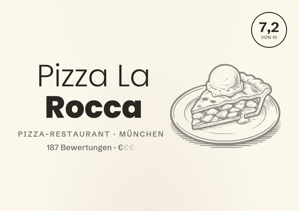 Illustriertes Poster von Pizza La Rocca, Pizza-Restaurant in München: Bewertung 7,2 von 10 aus 187 Bewertungen, Preisniveau €