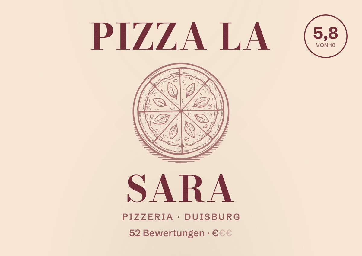 Illustriertes Poster von Pizza La Sara, Pizzeria in Duisburg: Gästebewertung 5,8 von 10 aus 52 Bewertungen