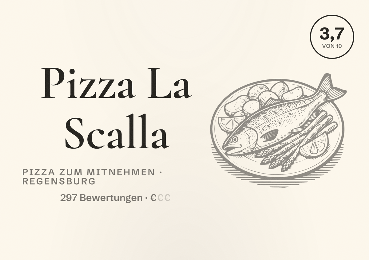 Illustriertes Poster von Pizza La Scalla, Pizza zum Mitnehmen in Regensburg: Bewertung 3,7 von 10 aus 297 Bewertungen, Preisniveau €