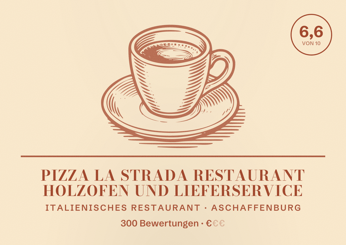 Illustriertes Poster von Pizza La Strada Restaurant Holzofen und Lieferservice, Italienisches Restaurant in Aschaffenburg: Bewertung 6,6 von 10 aus 300 Bewertungen, Preisniveau €