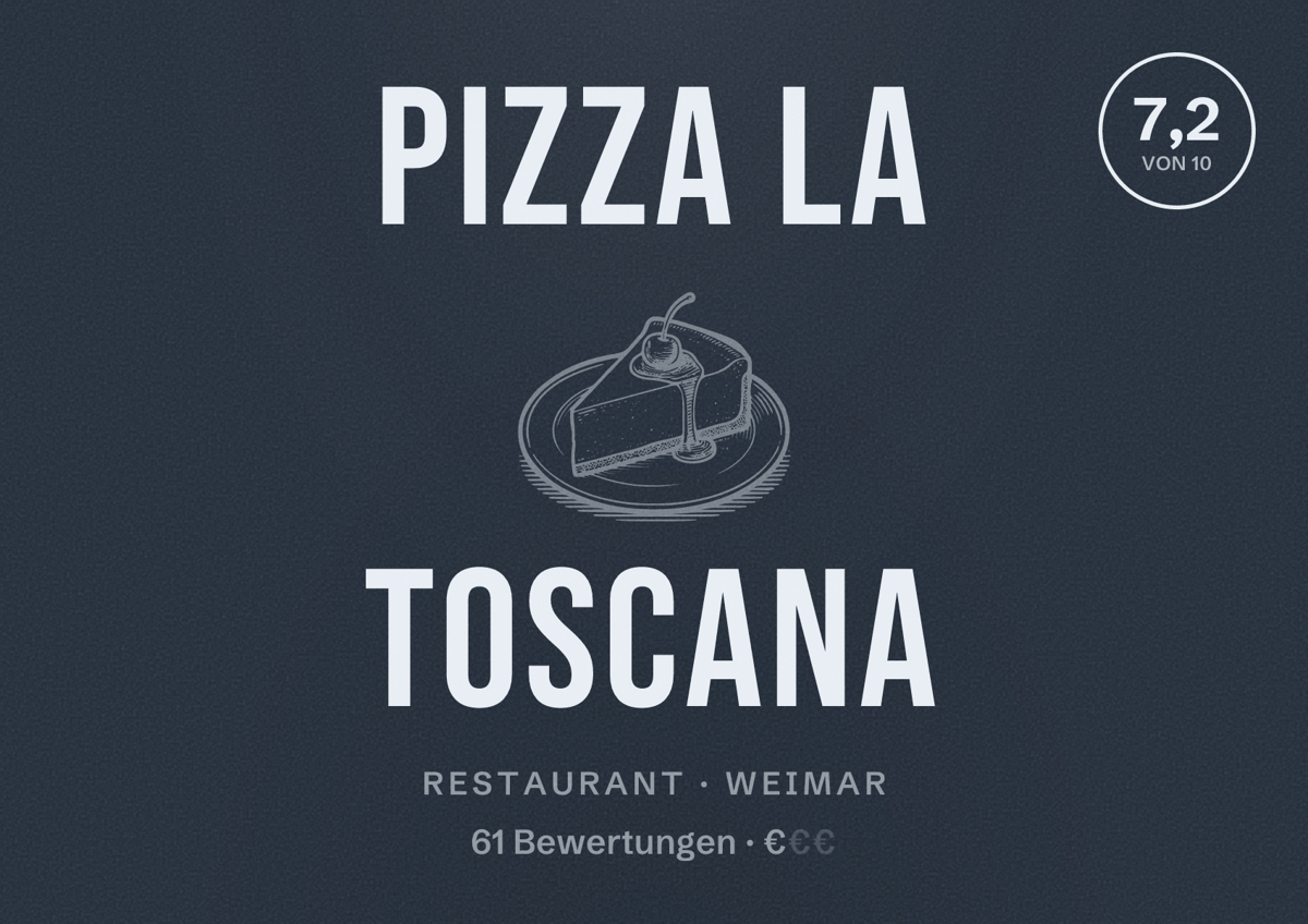 Illustriertes Poster von Pizza La Toscana, Restaurant in Weimar: Bewertung 7,2 von 10 aus 61 Bewertungen, Preisniveau €