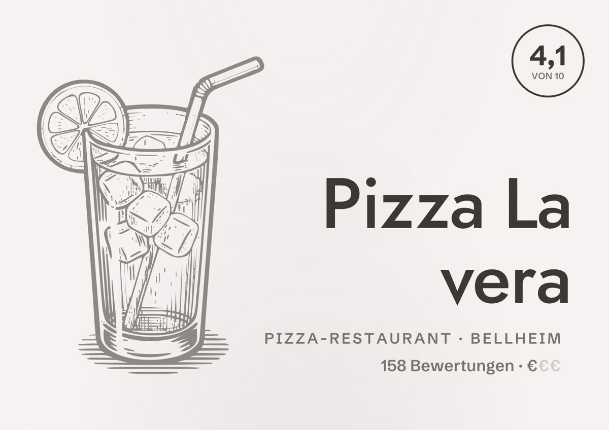 Illustriertes Poster von Pizza La vera, Pizza-Restaurant in Bellheim: Bewertung 4,1 von 10 aus 158 Bewertungen, Preisniveau €