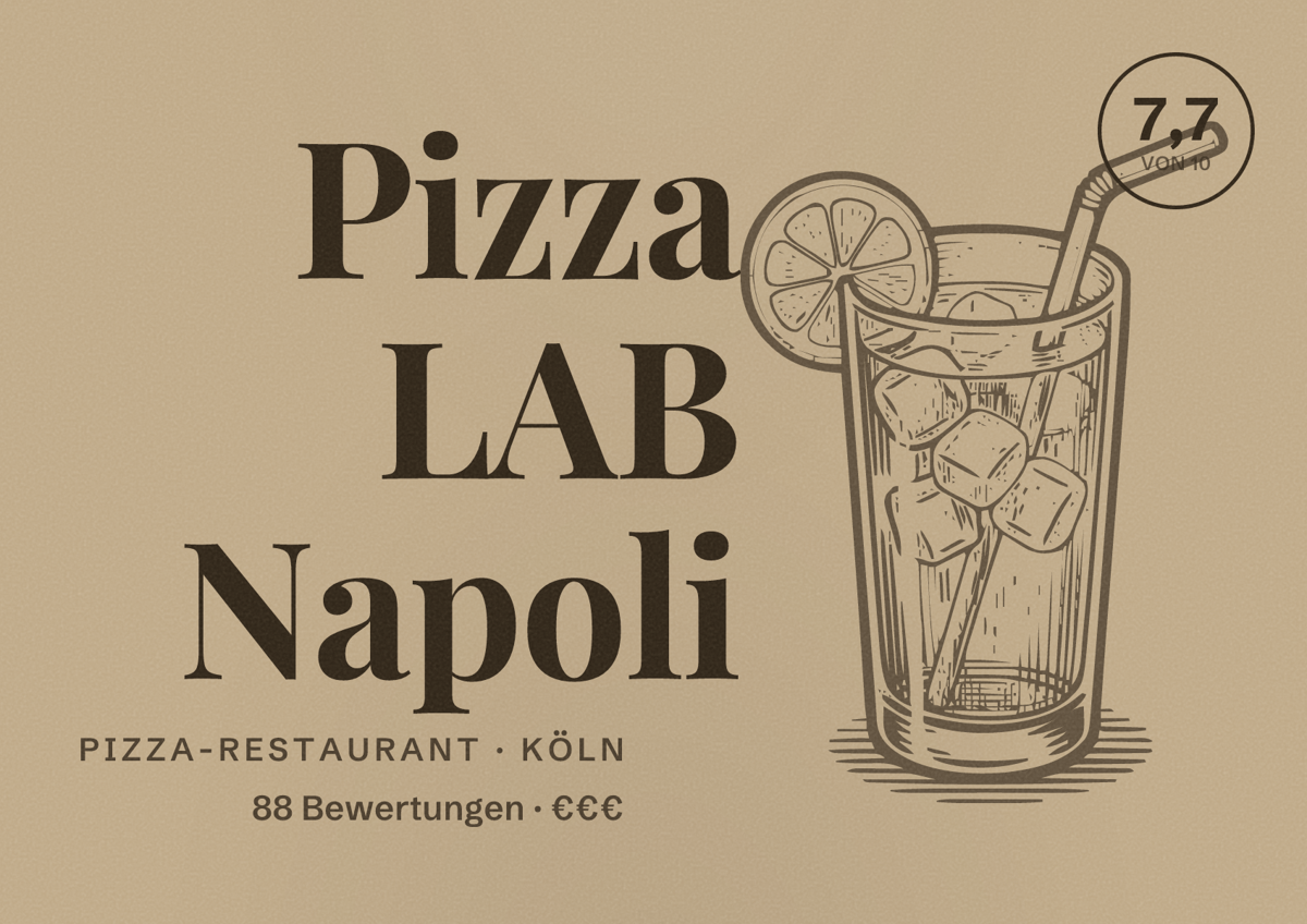 Illustriertes Poster von Pizza LAB Napoli, Pizza-Restaurant in Köln: Bewertung 7,7 von 10 aus 88 Bewertungen, Preisniveau €€€