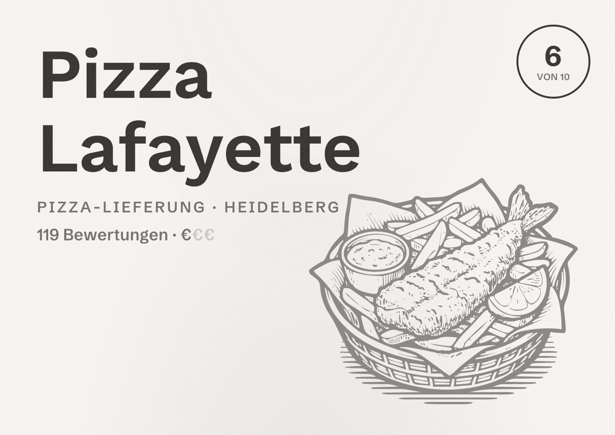 Illustriertes Poster von Pizza Lafayette, Pizza-Lieferung in Heidelberg: Bewertung 6 von 10 aus 119 Bewertungen, Preisniveau €
