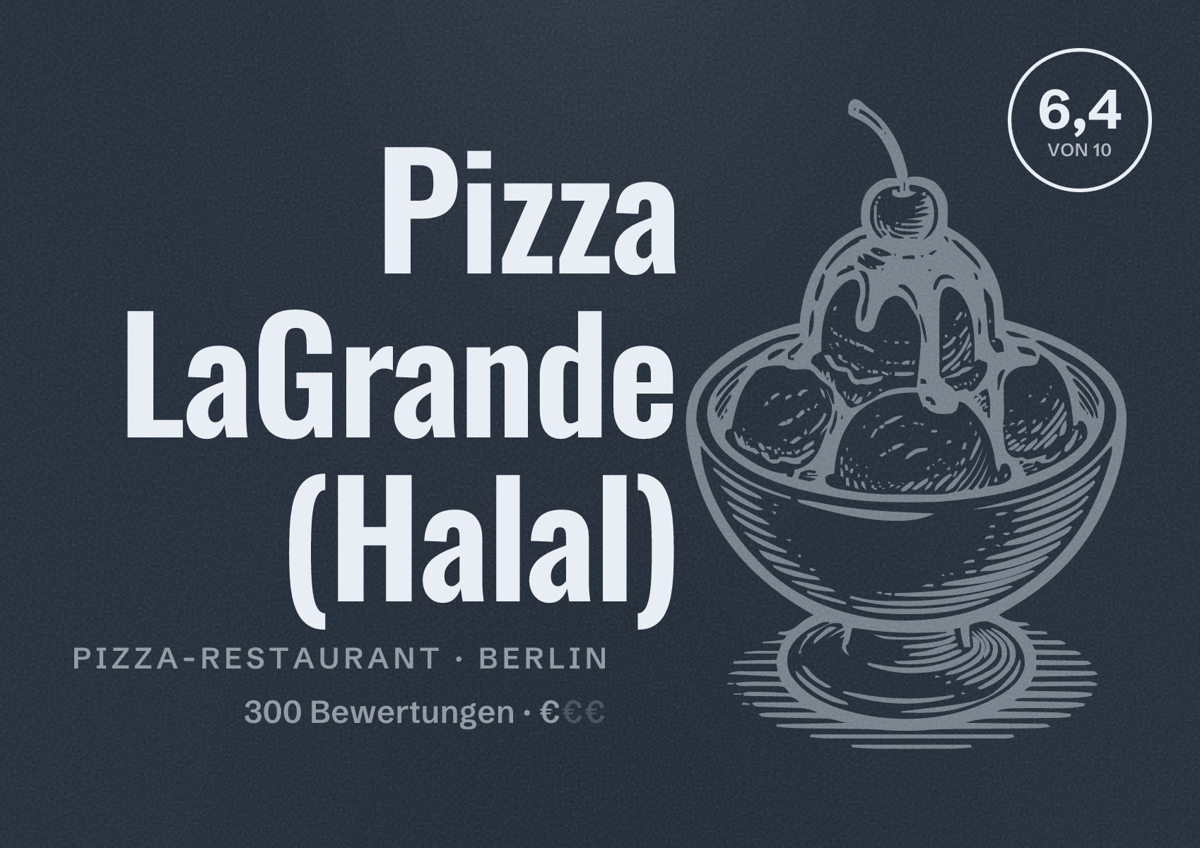 Illustriertes Poster von Pizza LaGrande (Halal), Pizza-Restaurant in Berlin: Bewertung 6,4 von 10 aus 300 Bewertungen, Preisniveau €