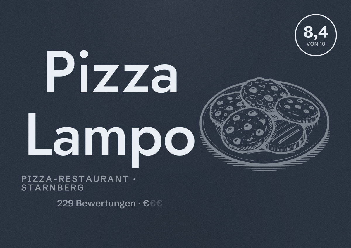 Illustriertes Poster von Pizza Lampo, Pizza-Restaurant in Starnberg: Bewertung 8,4 von 10 aus 229 Bewertungen, Preisniveau €