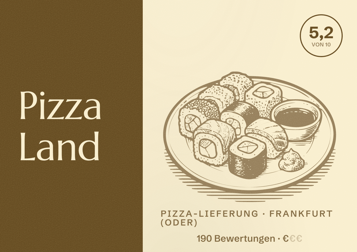 Illustriertes Poster von Pizza Land, Pizza-Lieferung in Frankfurt (Oder): Bewertung 5,2 von 10 aus 190 Bewertungen, Preisniveau €