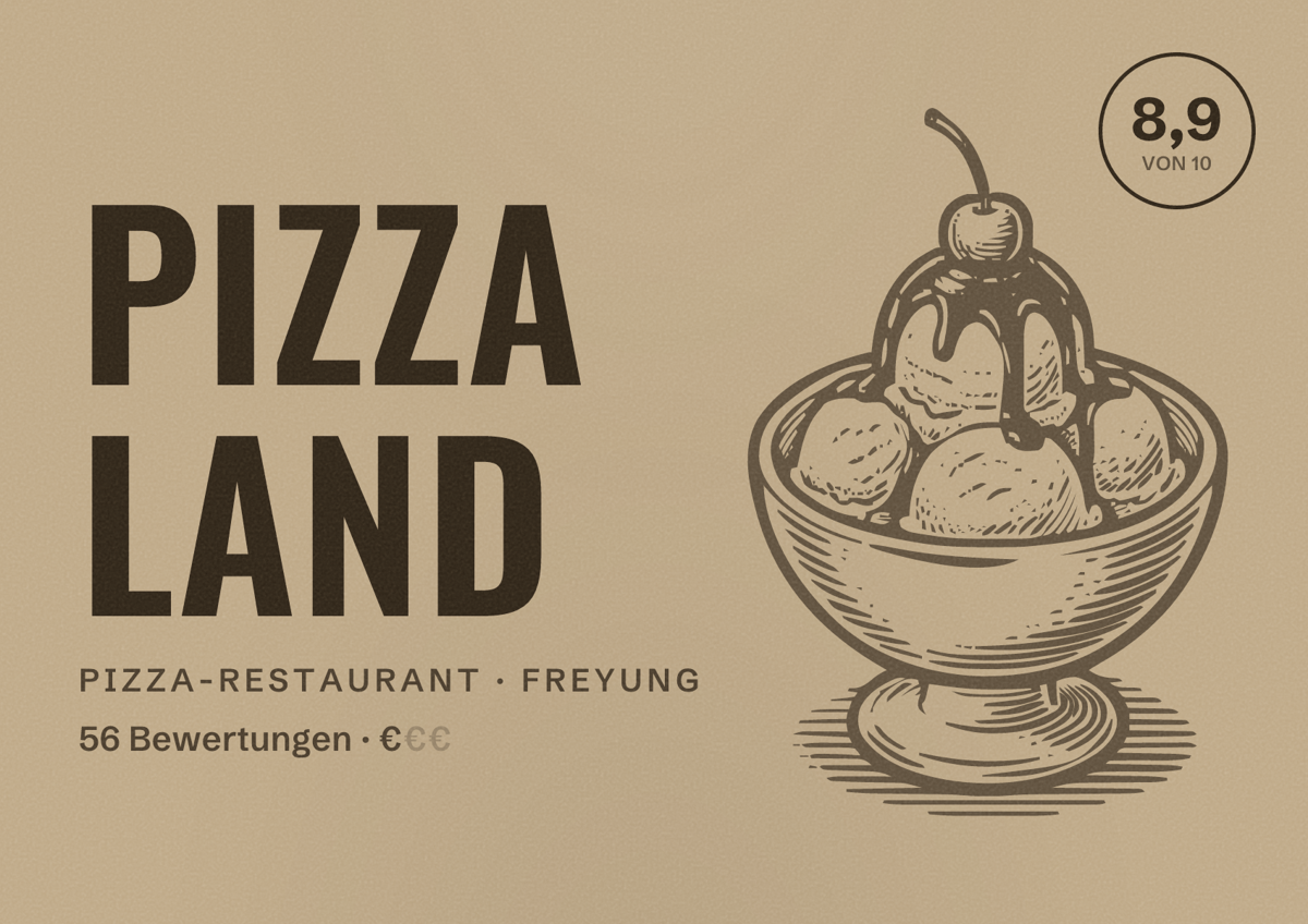 Illustriertes Poster von Pizza Land, Pizza-Restaurant in Freyung: Bewertung 8,9 von 10 aus 56 Bewertungen, Preisniveau €