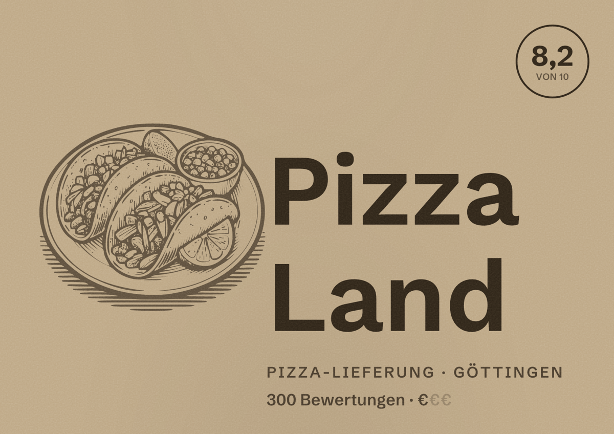 Illustriertes Poster von Pizza Land, Pizza-Lieferung in Göttingen: Bewertung 8,2 von 10 aus 300 Bewertungen, Preisniveau €