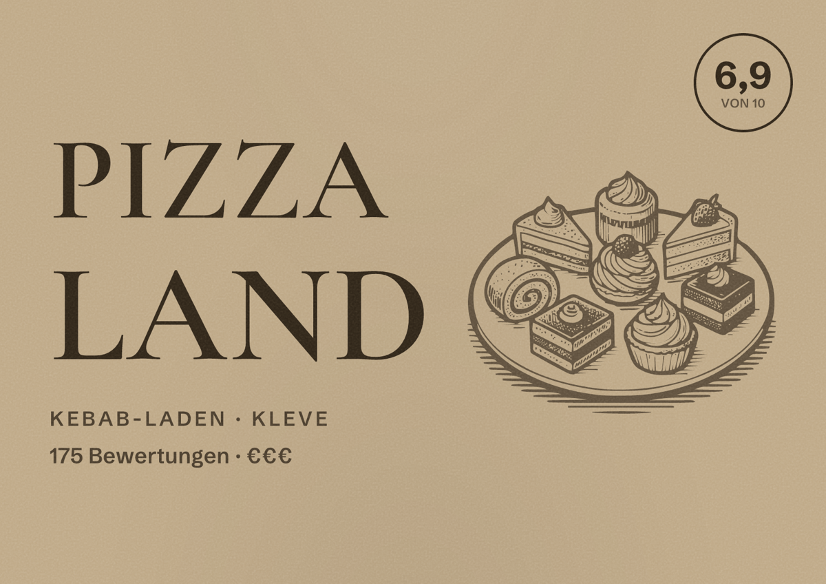 Illustriertes Poster von Pizza land, Kebab-Laden in Kleve: Bewertung 6,9 von 10 aus 175 Bewertungen, Preisniveau €€€
