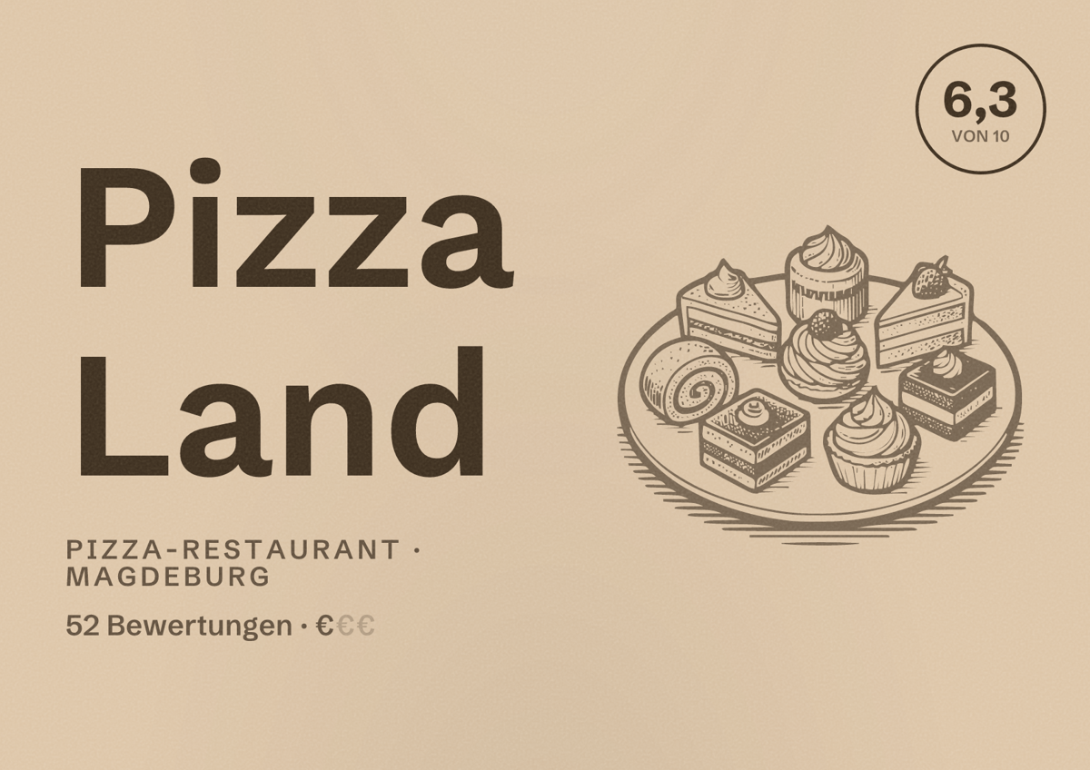 Illustriertes Poster von Pizza Land, Pizza-Restaurant in Magdeburg: Bewertung 6,3 von 10 aus 52 Bewertungen, Preisniveau €