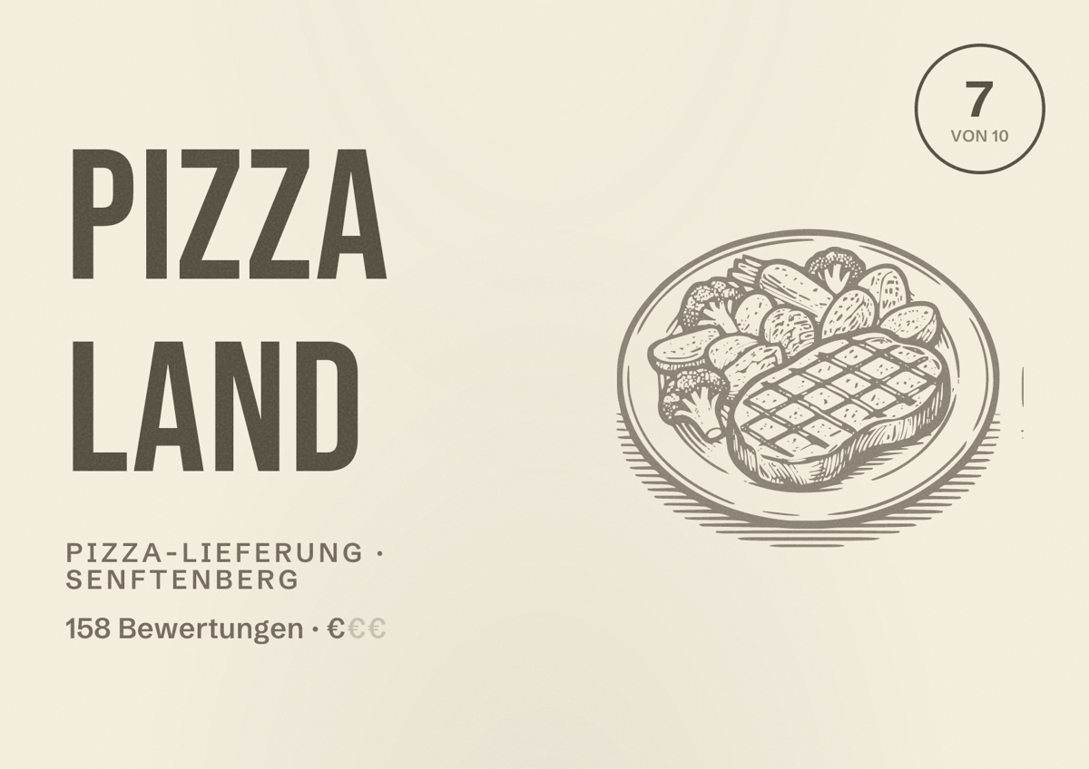 Illustriertes Poster von Pizza Land, Pizza-Lieferung in Senftenberg: Bewertung 7 von 10 aus 158 Bewertungen, Preisniveau €