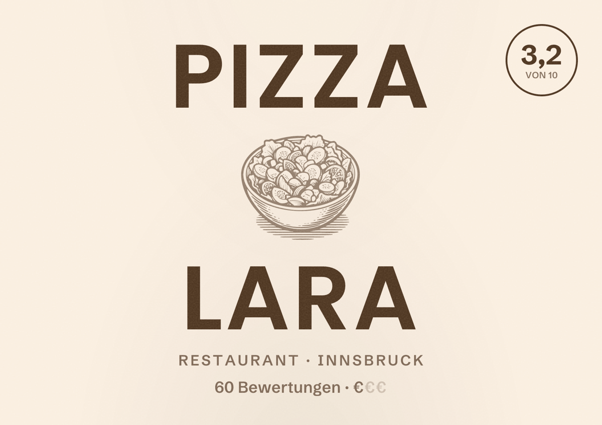 Illustriertes Poster von Pizza Lara, Restaurant in Innsbruck: Bewertung 3,2 von 10 aus 60 Bewertungen, Preisniveau €