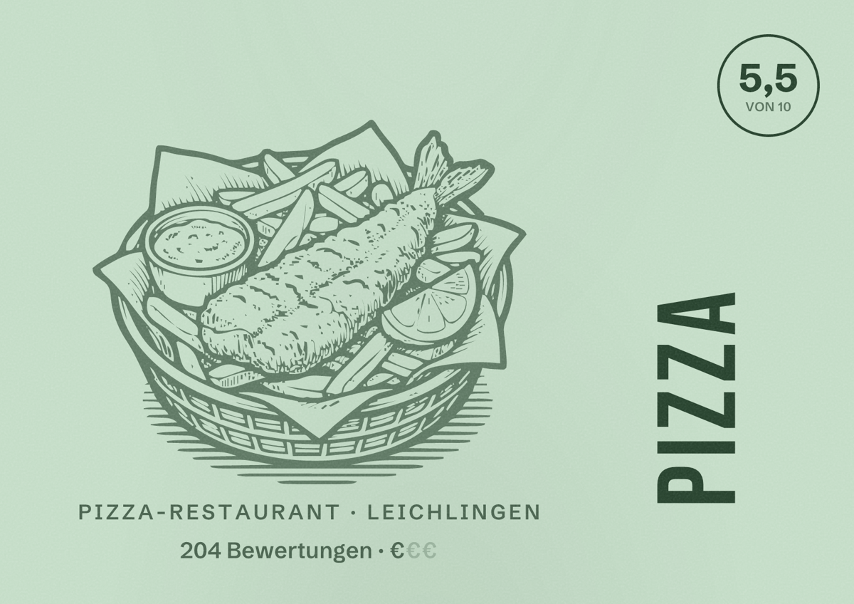 Illustriertes Poster von Pizza, Pizza-Restaurant in Leichlingen: Bewertung 5,5 von 10 aus 204 Bewertungen, Preisniveau €