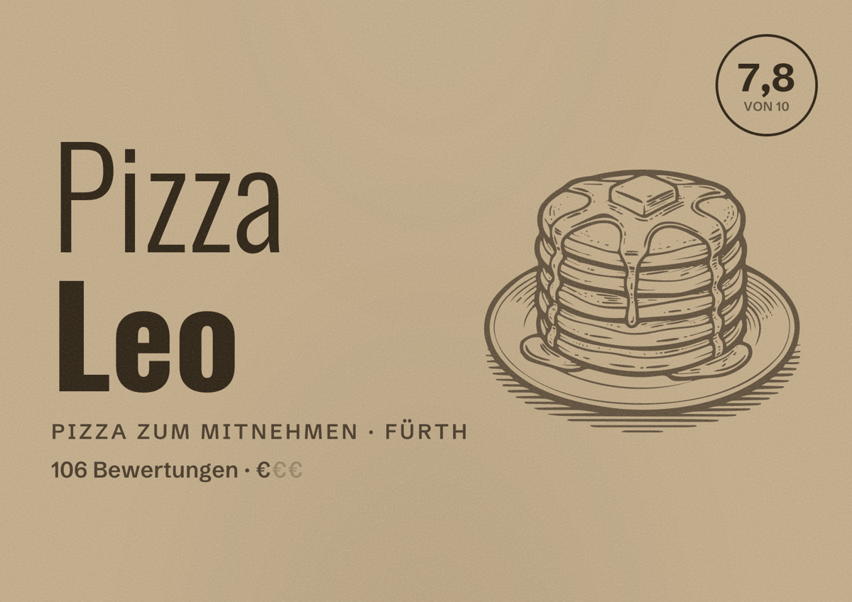 Illustriertes Poster von Pizza Leo, Pizza zum Mitnehmen in Fürth: Bewertung 7,8 von 10 aus 106 Bewertungen, Preisniveau €