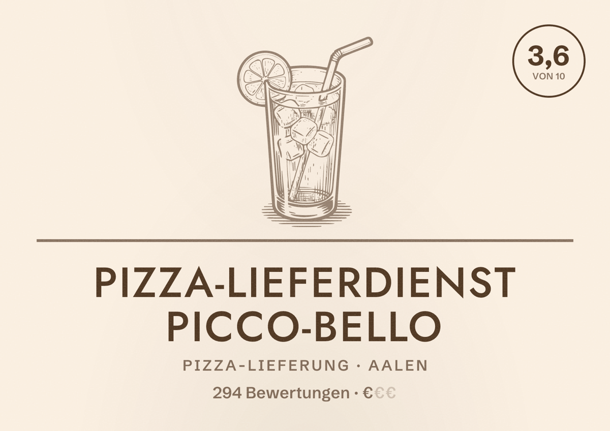 Illustriertes Poster von Pizza-Lieferdienst Picco-Bello, Pizza-Lieferung in Aalen: Bewertung 3,6 von 10 aus 294 Bewertungen, Preisniveau €