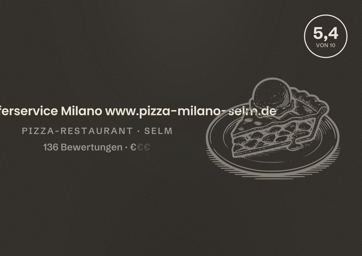 Illustriertes Poster von Pizza lieferservice Milano www.pizza-milano-selm.de, Pizza-Restaurant in Selm: Bewertung 5,4 von 10 aus 136 Bewertungen, Preisniveau €