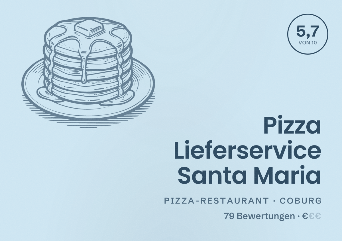 Illustriertes Poster von Pizza Lieferservice Santa Maria, Pizza-Restaurant in Coburg: Bewertung 5,7 von 10 aus 79 Bewertungen, Preisniveau €