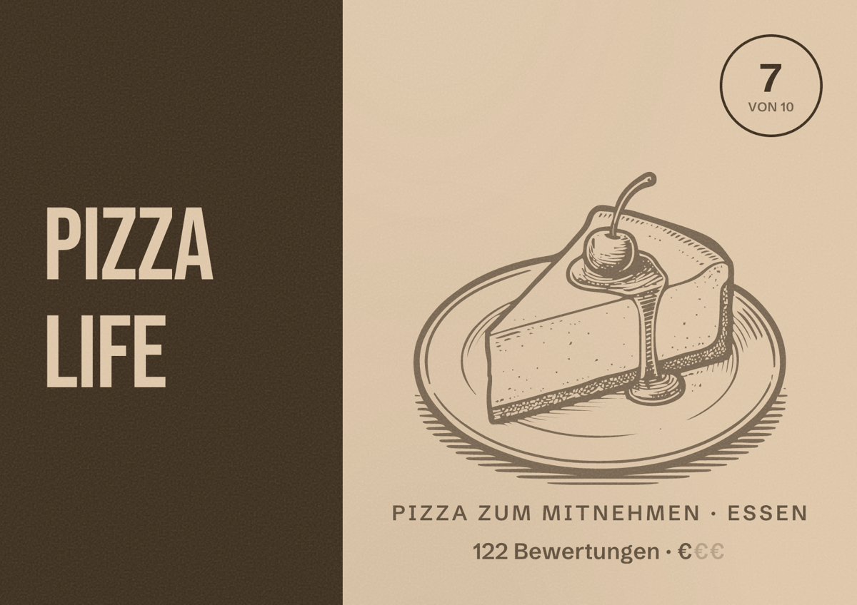 Illustriertes Poster von Pizza Life, Pizza zum Mitnehmen in Essen: Bewertung 7 von 10 aus 122 Bewertungen, Preisniveau €