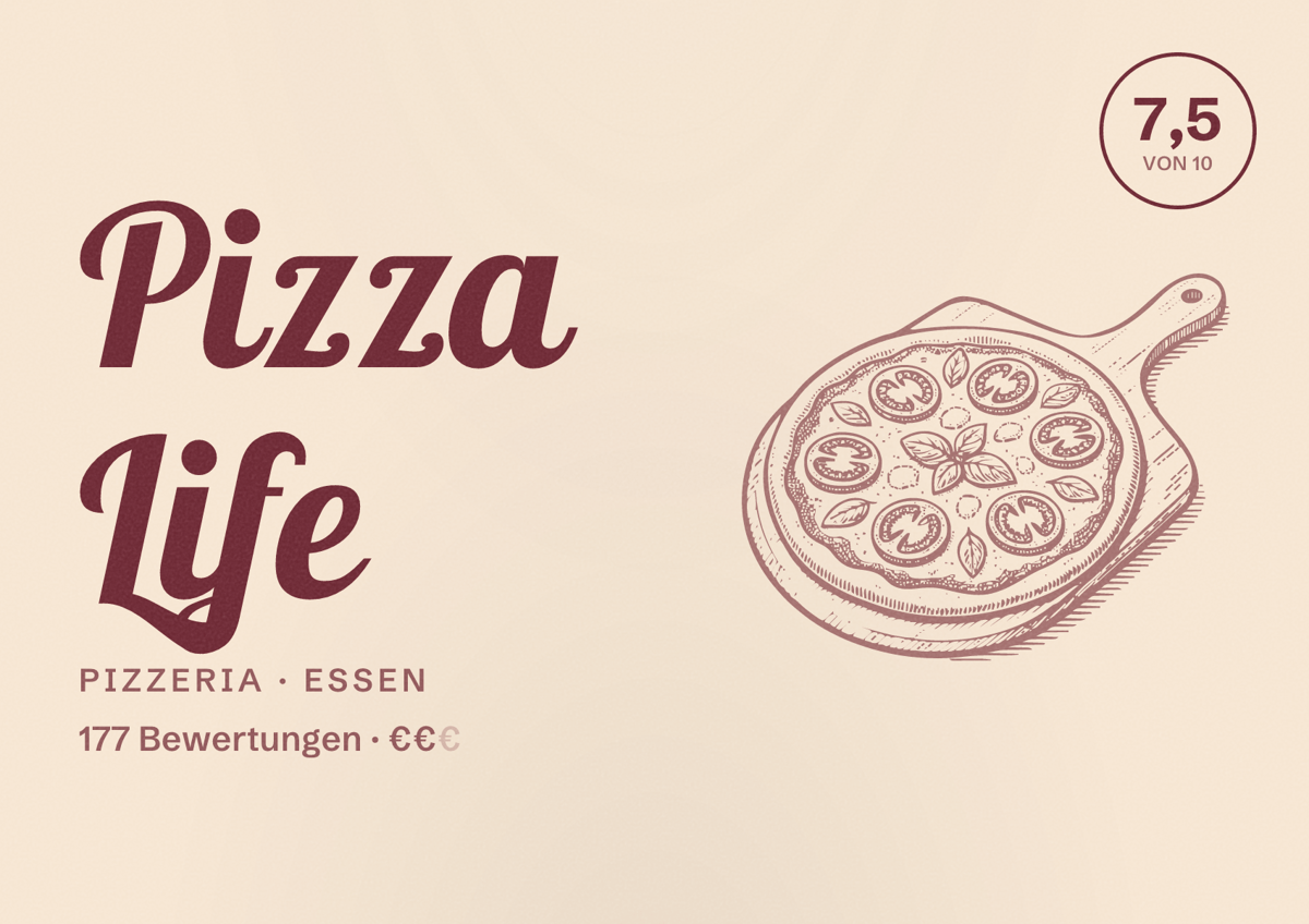 Illustriertes Poster von Pizza Life, Pizzeria in Essen: Bewertung 7,5 von 10 aus 177 Bewertungen, Preisniveau €€