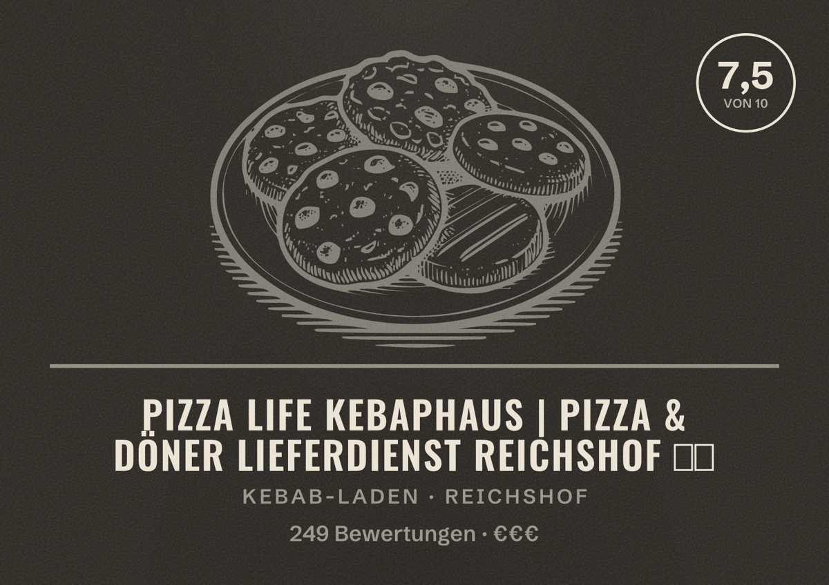 Illustriertes Poster von Pizza Life Kebaphaus | Pizza & Döner Lieferdienst Reichshof 🍕🥙, Kebab-Laden in Reichshof: Bewertung 7,5 von 10 aus 249 Bewertungen, Preisniveau €€€